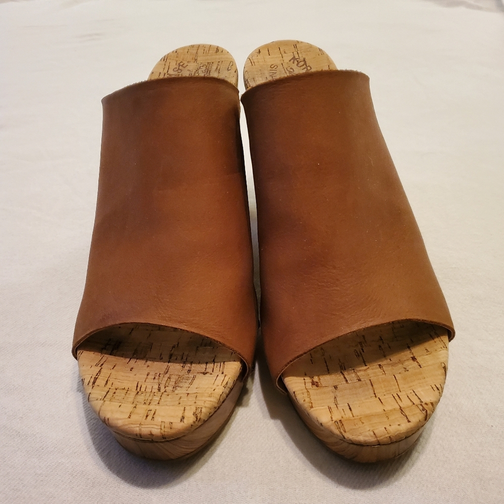 KORK-EASE Danika Wood Grain Cork Cognac Leather Platform Slide-On Sandals SZ 11 - Picture 5 of 11